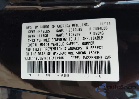 2015 Acura Tlx из США, поврежденный, VIN 19UUB1F39FA009061